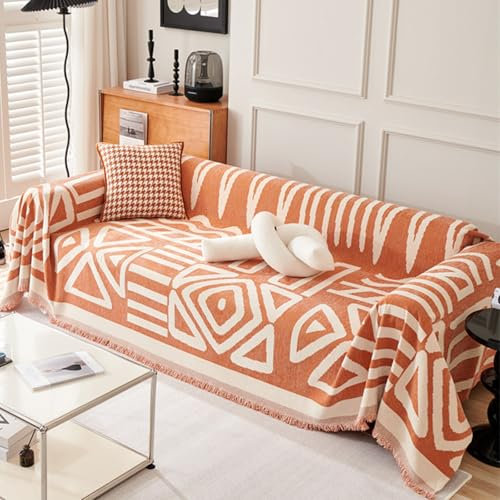VanderHOME Chenille Sofa Überwurfdecke Große 2/3 Sitzer Sofaüberwurf Vielseitige Wohndecke als Dekodecke, Couch Überwürf, Sofa Überzug und Tagesdecke mit Deko Quasten 180 * 300cm-Orange