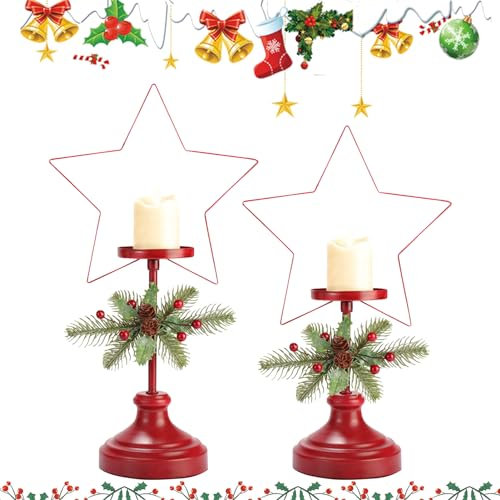 Weihnachtsdeko 2 Stück Kerzenständer Set,Rot Metall Kerzenhalter,Kerzenleuchter Stumpenkerzenhalter Adventskranz Tisch Deko Weihnachten Dekoration für Party Hochzeit Wohnzimmer Deko (Stern)