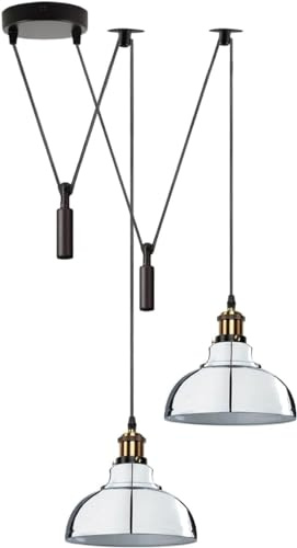 Pendelleuchte mit 2 Köpfen, 29 cm Metall-Lampenschirm, verstellbares 195 cm langes Kabel, Vintage-Edison-60 W, E27-Fassung, industrielle Retro-Beleuchtung, Insellampe für Esszimmer, Küche (Chrom)