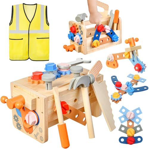 OSDUE Wooden Toys Kids Tool Set, 39 Pcs Wooden Tool Box with Colorful, Montessori Toys for 3 4 5 Year Old Boys Girls Gift, Role Play Educational Construction Toddler Toy