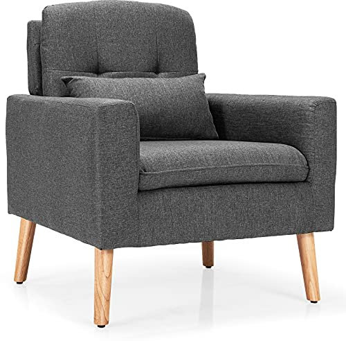 HOMASIS Loungesessel mit Rückenlehne & Armlehnen, Relaxsessel aus Massivholz, Einzelsofa gepolstert mit Kissen, Sessel für Wohnzimmer, Büro & Schlafzimmer, 77 x 73 x 85 cm, Grau & Natur