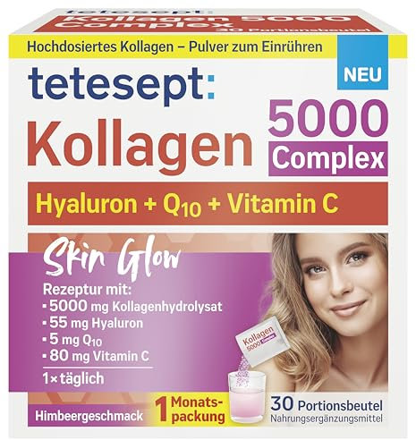 tetesept Kollagen 5000 Complex Hochwertiger Beauty Kollagen-Komplex mit Kollagenhydrolysat, Hyaluronsäure, Q10 & Vitamin C - für schönere, strahlende Haut - 1 x 30 Portionsbeutel