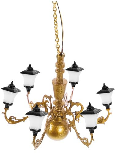 Vaguelly Miniatur Kronleuchter Lampe FüR Puppenhaus DIY Landschaftsdekoration WarmweißEs Licht Metall Und Abs FüR Wohnzimmer Und Sandtisch 1/87 Modell, Golden, 6.5x6.5x4.5cm
