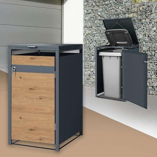 ML-Design Box pour 1 Poubelle, 240L, 68x80x116,3 cm, en Acier, Anthracite/Aspect Chêne, Résistant aux Intempéries, Habillage de Poubelle avec Couvercle Rabattable/Porte, Conteneur Abri Hangar