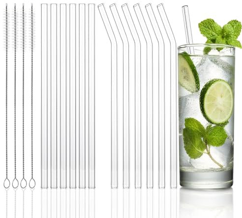 Hisdri Lot de 12 Pailles, Pailles en Verre Réutilisables - 6 Pailles en Verre Courbées et 6 Droites, avec 4 Brosses de Nettoyage, Adaptées pour les Cocktails, les Jus de Fruits, les Granités(10x215mm)
