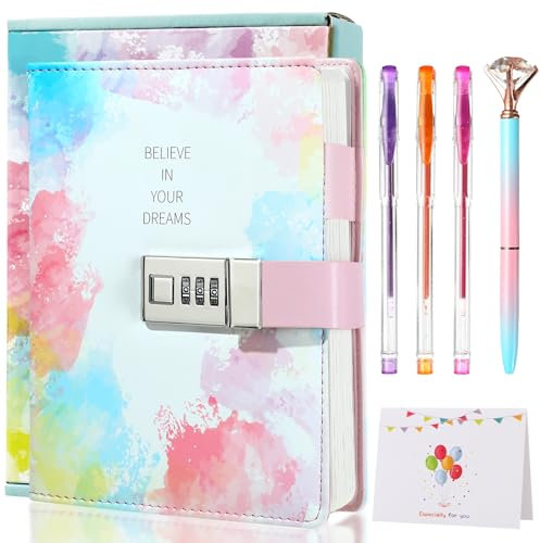 Sicbanna Diary with Lock for Girls Ages 8 9 10 11 12 Year Old, Kid Secret Notebook Locked Diary with Pens, 256 Pages Trendy Watercolor Journal with Lock for Teen Girls 8-12 Birthday Gift