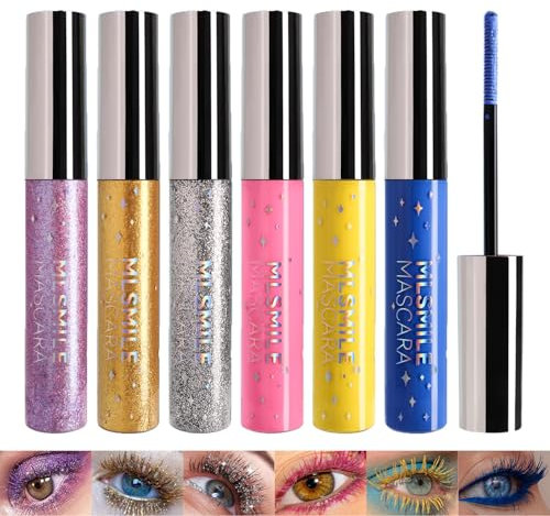 Sitovely 6 Farben Glitzer Mascara für Wimpern - Funkelnde Wasserfeste Diamant Verlängerung, Wischfest, Voluminös, Geschwungen - Blau/Violett/Gelb/Silber/Rot