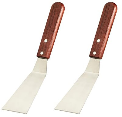 Metall-Spatel für die Küche – kleiner Spatel mit Holzgriff – Schlitz-Edelstahlspatel / Pfannenwender – Grill- und Grillspatel für Fleisch, Burger, Brownie, Kekse, Pfannkuchen, 2 Stück