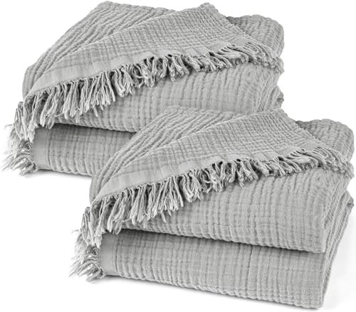 Pure Label 2er Set Musselin Decken 130x170 cm - Oeko-Tex zertifizierte Kuscheldecken aus Baumwolle | Musselin Kuscheldecken für Couch & Sofa in | Doppelpack 130 x 170 cm, Farbe der Decke Grau