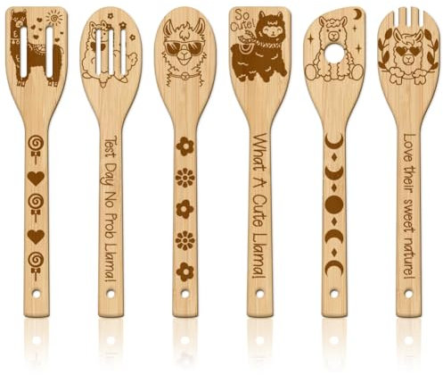 GLOBLELAND 6 Stück Süßes Alpaka Bambus Kochutensilien Tier Holzgravur Kochlöffel Set Gravur Schnitzerei Küche Bambus Spatel Set Für Küche Housewarming Geschenk Mutter Freundin Frauen