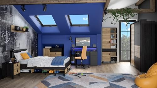 Jugendzimmer Lya, 6-teiliges Komplett Set, Gamingzimmer mit Gaming-Tisch, Funktionsbett 120x200 cm, Schwebetürenschrank, Kommode & Standregal und Nachttisch in Cabezone Eiche und Mauvella Eiche