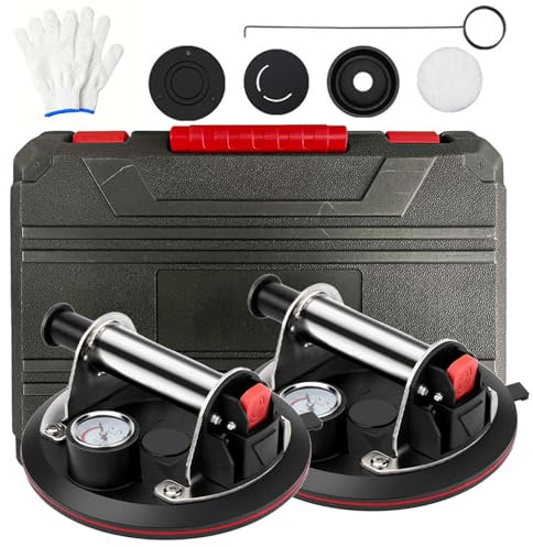 2er Set Saugheber - 8 Vakuum Saugheber, Fliesenheber Saugheber, Glassauger Saugheber, mit Manometer & Ganzstahlgriff & Tragbare Aufbewahrungsbox, Tragkraft Max.200KG, für Glas,Fliesen,Marmor