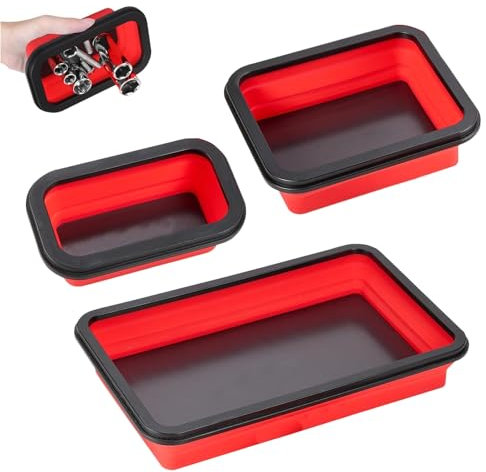 3 Stücke Magnetschale Faltbares Tablett, Werkstatt Zubehör für Kleine Bolzen Schrauben Muttern, Unterlegscheiben und Andere Kleinteile Werkzeuge, Silikonschale Werkzeugträger (Rot)