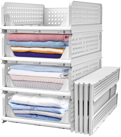 CALIYO Schrank Organizer Kleiderschrank 4 Pack, Wardrobe Organizer, Stapelbar Kleiderschrank Organizer mit Schiene, Große Kapazität – Für Badezimmer, Küche (Weiß, 42.4×33.3×14.2CM)