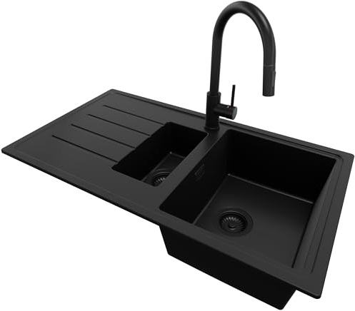PRIMAGRAN Granitspüle ab 60er Unterschrank + Küchenarmatur, 90x50cm | Set: Küchenarmatur BW9010 + Ablauf-Set + Spülbecken 1,5 Becken - Kopenhagen Duo, Alles Schwarz