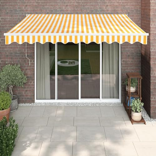 IKAYAA Elektrische markise 350x250 Elektrische Gelenkarmmarkise Markise mit Fernbedienung und Kurbel Sonnenmarkise Sonnenschutz-Gelb und Weiß-350 x 250 cm