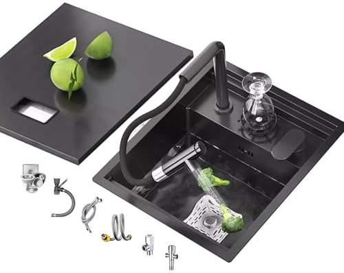 Fregadero De Cocina De Acero Inoxidable Negro Con Grifo Elevable Y Lavavasos Fregadero Oculto De Una Cubeta Para Casa Apartamento Bar Caravana Con Kit De Instalación Completo(45x38x22cm(B))
