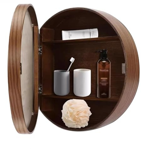 RRrawgff Armoire de Salle de Bain Ronde avec Miroir, Armoire de Toilette Murale, Miroir de courtoisie (Noyer, 50 cm)