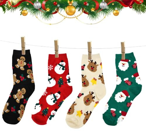 VGECEE 4 Paar Weihnachtssocken Damen 34-39 Socken Bunt Weihnachten Baumwolle mit Weihnachtenmotiv Christmas Socks Family Socken Geschenk Weihnachten Kuschelsocken