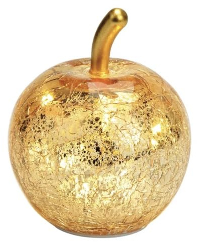 Seyila Home Dekorative Glas Apfel Leuchte mit LED Beleuchtung und Timer (unten), Crackle-Effekt Glas, Goldener Stiel, Weihnachtsdeko, Lampe (Gold, 7 cm)