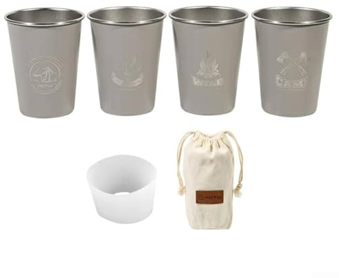 Besttoolifes Set mit 4 Outdoor-Picknick-Tassen, langlebig, 304 Edelstahl, mit Canvas-Tragetasche für 350 ml, zum Wandern, Grillen, Bier, Kaffee oder Wein, wiederverwendbar, Grau, 4-teiliges Set