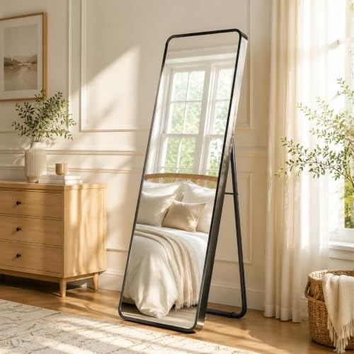 Clevich Standspiegel 162x50 cm, Groß Wandspiegel Ganzkörperspiegel Schwarz | Mit Rahmen aus Aluminium &Feste Rückwand, Spiegel hängend oder lehnend an die Wand für Schlafzimmer, Wohnzimmer, Runden Ecken