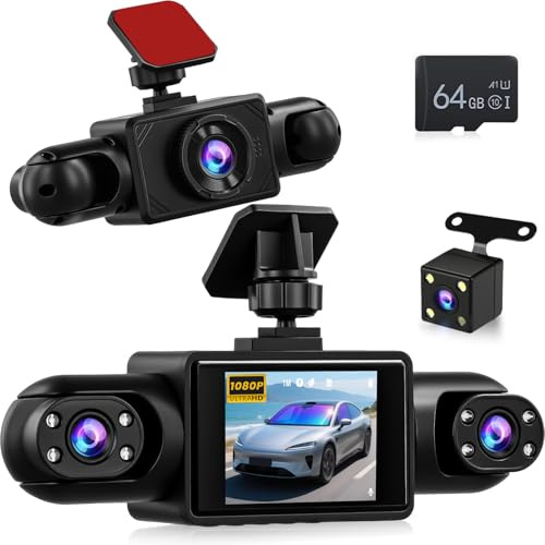 NHOPEEW Dash Cam a 4 Canali 360° per Auto con Telecamera 1080P | Telecamere Anteriore, Sinistra, Destra e Posteriore, Registrazione in Loop, Rilevamento del Movimento, Scheda TF 64G