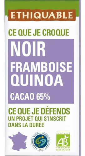 ETHIQUABLE - Chocolat Noir 65% Framboises Lyophilisées et Quinoa Soufflé Bio - la tablette de 100g - Le Lot De 4