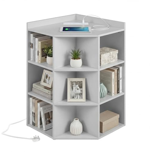 CASART Corner Bookcase with Charging Station (Light Grey) | 4-Tier Cube Bookshelf Open Storage Cabinet, Triangle Book Shelf Wooden Storage Unit for Living Room Office Bedroom Playroom