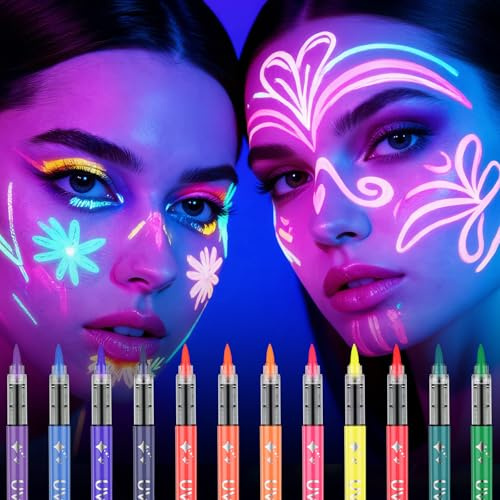 LOPHE Stylos de Peinture Corporelle UV Fluo 12 Couleurs,Marqueurs de Tatouage Temporaire Visage et Corps,Waterproof,Séchage Rapide,Idéal pour Halloween,Carnaval,Festival,Soirée Fluorescente, 12PCS-C