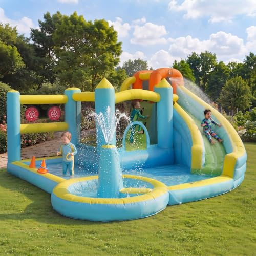NuvlaGu Hüpfburg, Parco acquatico con acquascivolo e piscina, gonfiabile, per giardino all'aperto, parco giochi acquatici con ventilatore, grande giocattolo gonfiabile per bambini (430 x 390 x 210 cm)