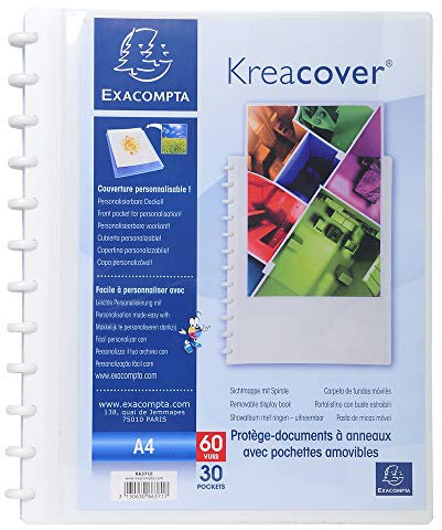 Exacompta - Réf. 86371E - 1 Protège-documents amovible à anneaux avec 30 pochettes grainées détachables - 60 vues - pour A4 - dim 24,5x31cm - couverture rigide personnalisable Kreacover -couleur blanc