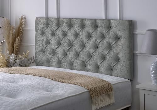 Chesterfield Diamante Frame Divan Bed Headboard | Crushed Velvet Fabric Headboards for 3ft single bed Frame | Elegant design with wooden material headboards for beds (Gray,3ft Single Height-20inch)