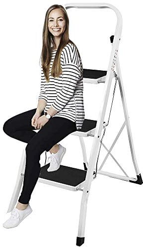 Metal Step Ladder 3 Steps Tool Folding Ladder Safety Stepladder Heavy Duty with Safety Handrail Non Slip Rubber Feet/Large Mat Indoor and Outdoor Ladder- 150kg Load Capacity-Easy to Store Foldable