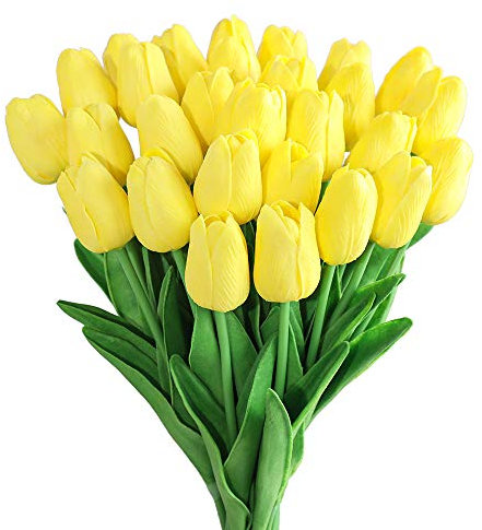Kisflower 30Pcs Künstliche Tulpen Latex Tulpen Blumen Gefälschter Tulpenstrauß Echte Berührungsblumen für Dekor (Gelb)