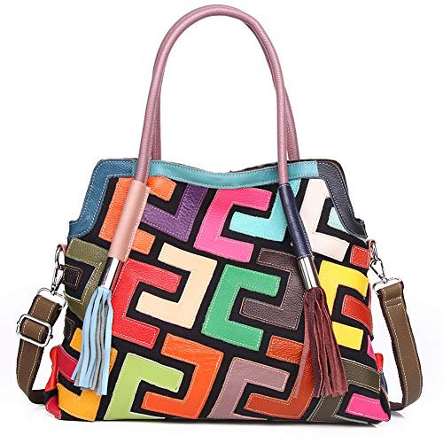 Segater Damen-Handtasche, Boston, echtes Leder, zufällige Farbauswahl, bunt, Patchwork, große Handtasche, Hobo-Umhängetasche, Bunt, kleine Größe, Einheitsgröße