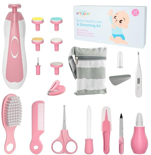 OTTOLIVES Baby sjukvård och skötselkit, 24-i-1 baby elektrisk nageltrimmer set nyfödd barnkammare hälsovårdsset för nyfödda spädbarn småbarn baby pojkar flickor barn frisyrverktyg (0-3 år +) (rosa)