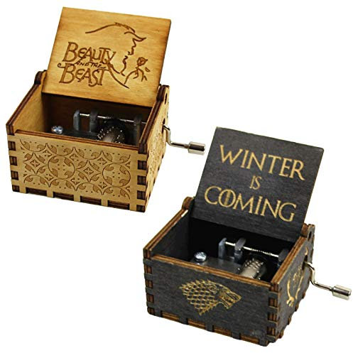 Hölzerne Handkurbel Spieluhren 2 Set Geschnitzte Musik Box Vintage Spieluhr Hand Music Box Geschnitzte Holz Hölzerne Spieluhr Game of Thrones Spieluhr die Schöne und das Biest Spieluhr Braun & Schwarz