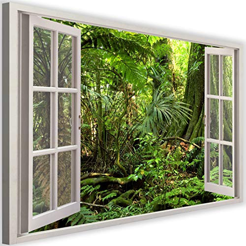 Feeby Impression sur Toile Intissé Vue À Travers Une Fenêtre Illusion 3D 90x60 cm Image Moderne Tableau Déco Mural Salle De Séjour Plantes Exotiques Jungle Tropiques vert