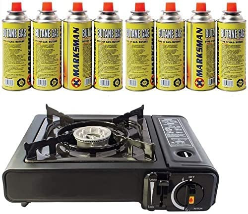 220g Butane Gas Canisters and Portable Camping Gas Cooker - Single Burner Butane BBQ Caravan Outdoor Party Stove with Carry Case (Stove + 8 x Canisters)