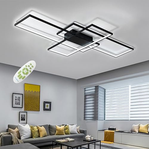 TJSC LED Deckenleuchte Modern Deckenlampe Wohnzimmer, Schwarz Dimmbar Wohnzimmerlampe, Rechteckige Deckenstrahler Mit Fernbedienung, Schlafzimmerlampe Groß Deckenbeleuchtung für Wohnzimmer, 110cm