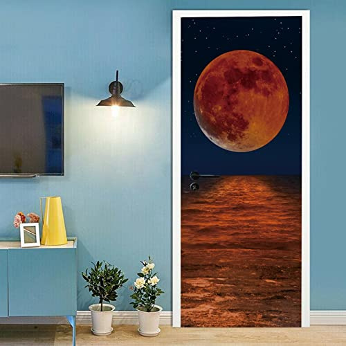 A.Monamour Türtapete Selbstklebend Türfolie Türposter 3D Der Rote Vollmond Spiegelte Sich In Der Sternenklaren Nacht In Den Meereswellen Wider Vinyl Folie Türdeko Wandbild Türaufkleber 95 x 215 cm