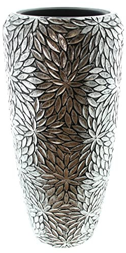 Großer Übertopf Blütenmeer, Kunststoff, silberfarbene Oberfläche, üppiges Blumendekor im Antik-Look, herausnehmbarer Kunststoffeinsatz, schwarz, Maße: Ø 34 x 75 cm, Einsatz Ø 26 x 31 cm