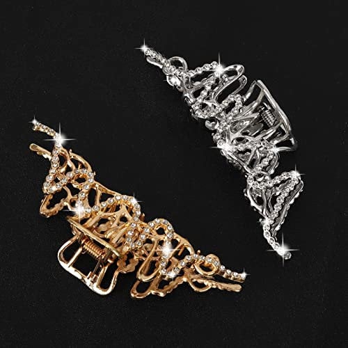 2 Pieces Hair Claw Clips Nonslip Large Jaw Grip Metal Strong Hold Hair Clips Clamp Crystal Rhinestones Hair Barrette Sparkly Retro French Hair Pins Waves Crown Hair Styling Accessories for Women Girls