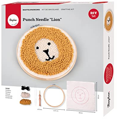 Rayher DIY Bastelpackung Punch Needle Set “Lion”, Sticken für Anfänger, Punch-Nadel, Stickrahmen 21 cm ø, Stoffzuschnitt, Wolle, 43003000, Bunt
