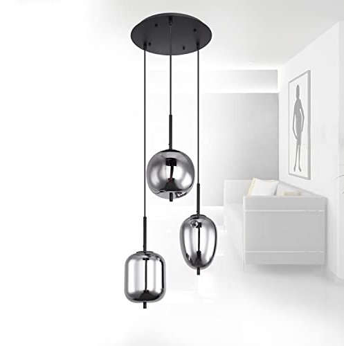bmf-versand® Hängelampe Wohnzimmer 3 Flammig Schwarz Metall - Pendelleuchte Esstisch Rauchglas Modern - Hängeleuchte Esszimmer Küche - Pendellampe Glas Vintage