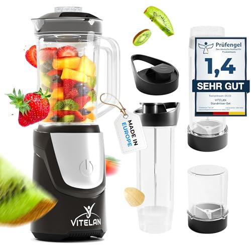 VITELAN® - VitaSet - Smoothie Maker und Standmixer - Mixer mit Zyklon-Effekt als Smoothie Maker to go - Milchshakes und Smoothies zubereiten, Nüsse mahlen, ein Set 9 Teile - jetzt Farbe wählen