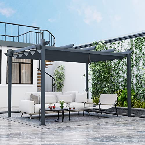 COSTWAY 3 X 4M/3 X 3M Metal Pergola with Retractable Roof, Large Garden Pergola with Sun Shade Canopy, Outdoor Grape Trellis Gazebo for Patio Party BBQ (Grey, 3 X 4M, Normal Type)