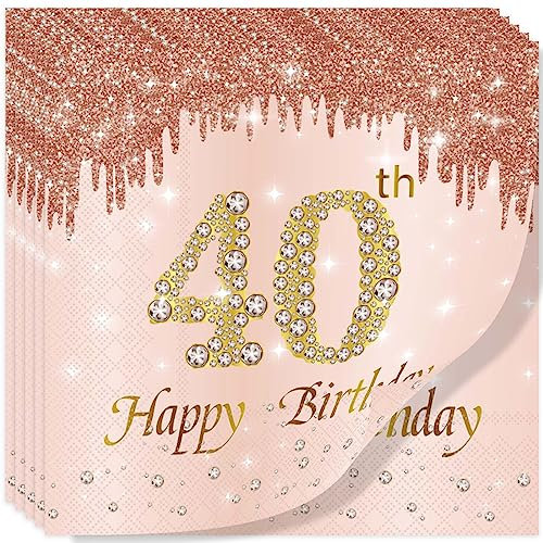 Yiran Rose Gold Happy 40th Birthday Napkins, 20Pcs Party Paper Napkins Disposable,Her Gifts Supplies,Tableware Decorations ,Birthday Serviettes Tissue Luncheon Dinner, (MGJZJ-40)