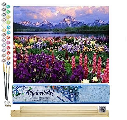 Figured'Art Peinture par Numéro Adulte Fleurs et Lac au pied de la Montagne - Activité Manuelle Kit de Loisir Créatif DIY Numéro d'Art Complet - 40x50cm avec châssis en bois à monter